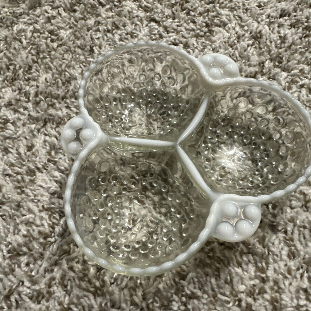 Vintage‎ Moonstone Opalescent Hobnail  3 Section Divided Relish Candy Dish